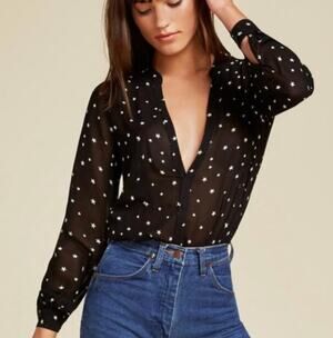 Reformation Star Print Sheer Blouse Black Button Down Top Size S